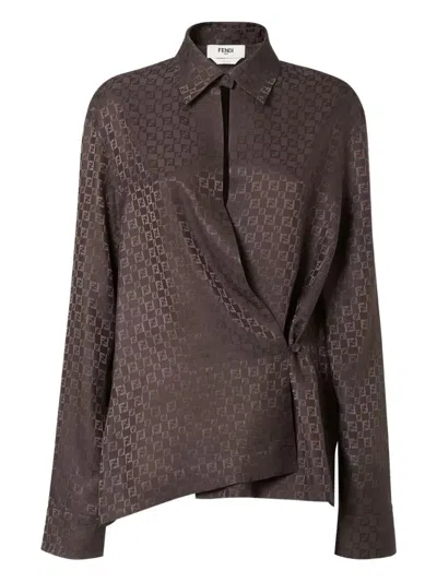 Fendi Ff Jacquard Asymmetric Long-sleeved Shirt In Brown