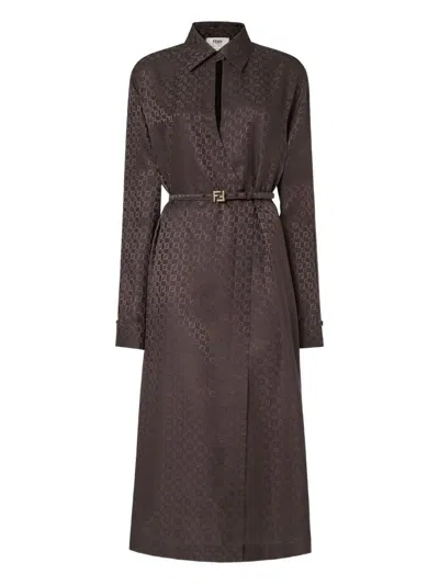 Fendi Ff Jacquard Silk Midi Shirt Dress In Brown
