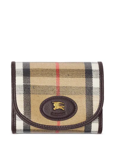 Burberry Compact Wallet With Leather Inserts In Check Pattern In Brown