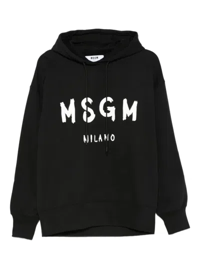 Msgm Black Cotton Crewneck Sweatshirt With Logo In Black