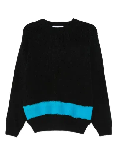 Msgm Knitted Sweater With Turquoise Stripe Hem Detail In Black