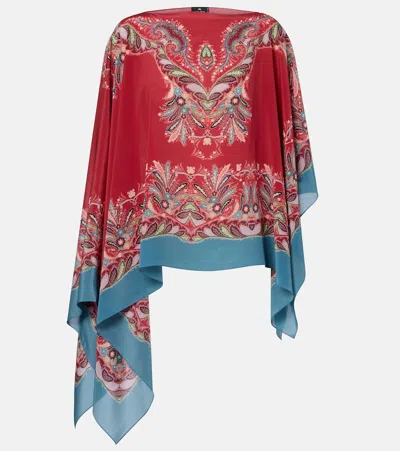 Etro Asymmetric Silk Poncho Top With Placed Print In Red