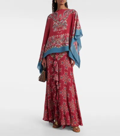 Etro Asymmetric Silk Poncho Top With Placed Print In Red