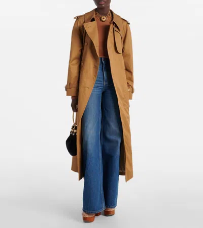 Chloé Long Water-repellent Beige Trench Coat In Cotton Gabardine In Brown