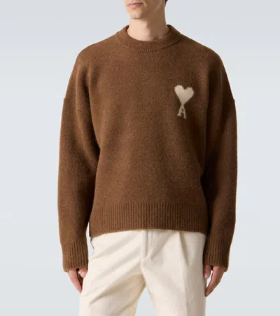 Ami Alexandre Mattiussi Knitted Sweater With Ribbed Crew Neckline In Brown