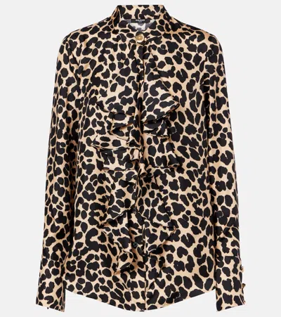 Balmain Leopard Print Jabot Collar Shirt In Brown