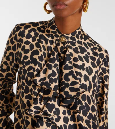 Balmain Leopard Print Jabot Collar Shirt In Brown