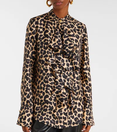 Balmain Leopard Print Jabot Collar Shirt In Brown