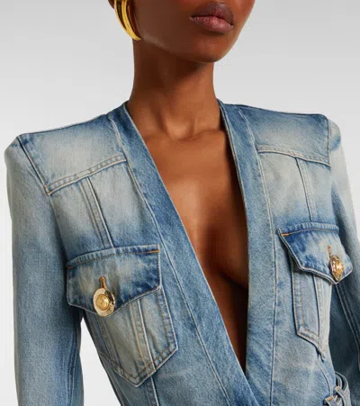 Balmain Stonewashed Cotton Denim Blazer In Blue
