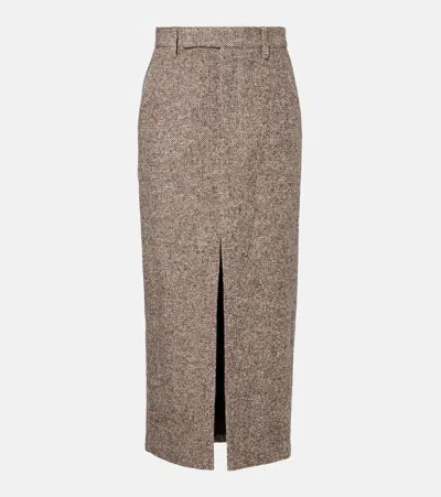 Brunello Cucinelli Wool And Silk Mélange Diagonal Sartorial Pencil Skirt With Monili In Brown