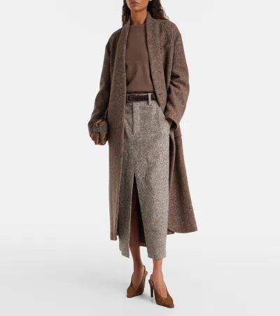 Brunello Cucinelli Wool And Silk Mélange Diagonal Sartorial Pencil Skirt With Monili In Brown