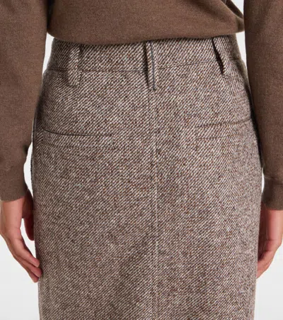 Brunello Cucinelli Wool And Silk Mélange Diagonal Sartorial Pencil Skirt With Monili In Brown