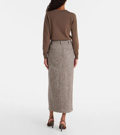 Brunello Cucinelli Wool And Silk Mélange Diagonal Sartorial Pencil Skirt With Monili In Brown
