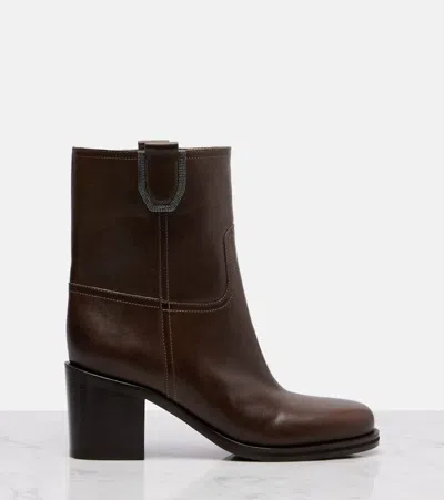 Brunello Cucinelli Leather Ankle Boots In Brown
