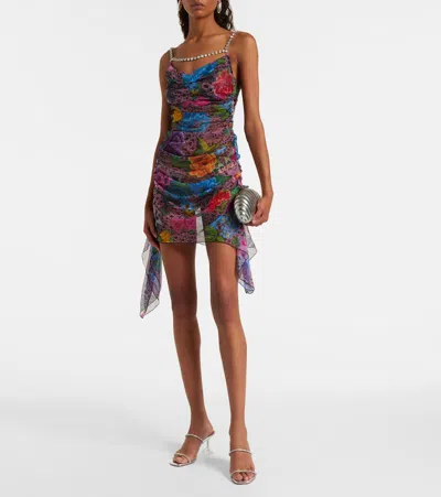 水晶缀饰薄纱迷你连衣裙