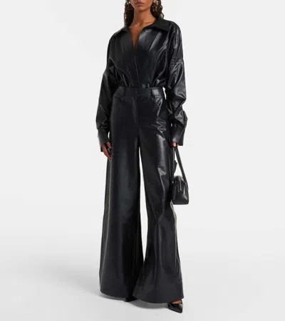 Norma Kamali High Waist Wide Leg Synthetic Leather Trousers In Black