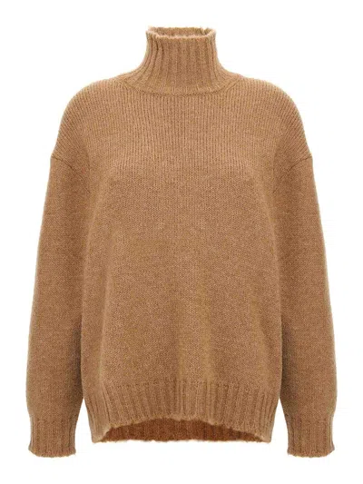 Jil Sander Alpaca Blend Turtleneck Sweater With High Neck And Long Cuffed Sleeves In Brown