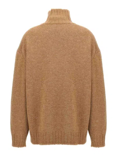 Jil Sander Alpaca Blend Turtleneck Sweater With High Neck And Long Cuffed Sleeves In Brown