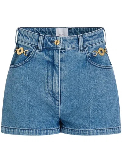 Patou High Waist Denim Shorts With V-shaped Seam In Blue