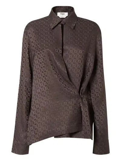 Fendi Silk Ff Jacquard Crossover Shirt In Brown