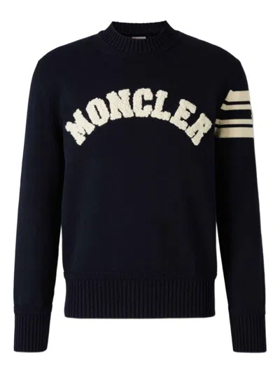 Moncler Cotton Crew Neck Sweater With Ribbed Cuffs And Hem In Blue