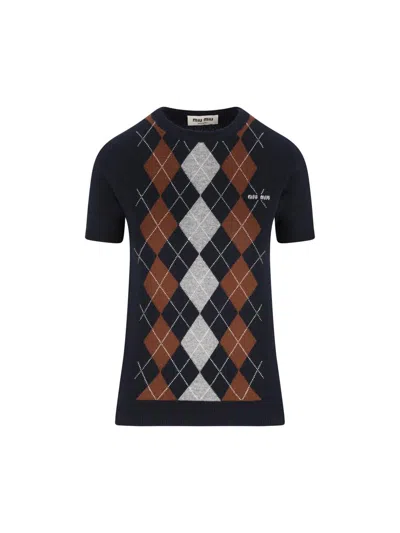 Miu Miu Cashmere Argyle Short-sleeve Sweater In Black