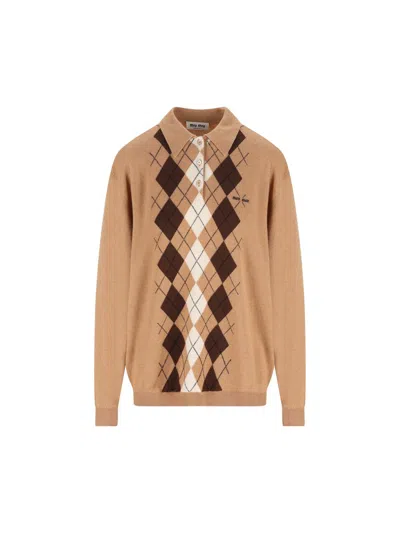 Miu Miu Argyle Pattern Cashmere Polo Pullover In Brown