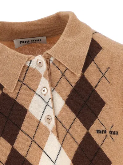 Miu Miu Argyle Pattern Cashmere Polo Pullover In Brown