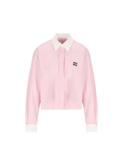 Miu Miu Logo-embroidered Frayed-hem Shirt In Pink