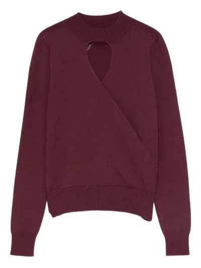 Twinset Twin-set Burgundy Knit Sweater With Keyhole Neck And Ribbed Hem In Burgundy
