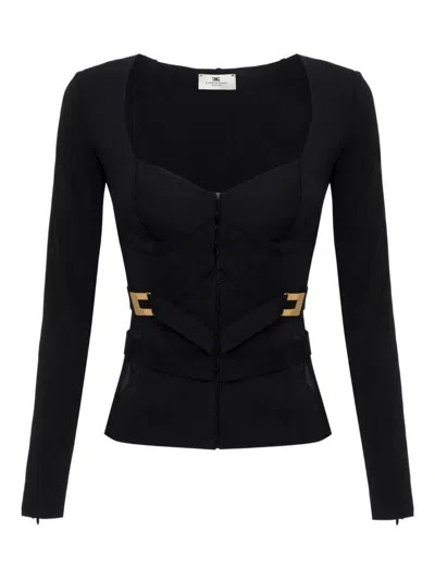 Elisabetta Franchi Cross-front Paneled Jacket With Sweetheart Neckline And Buckle Detailing In Black
