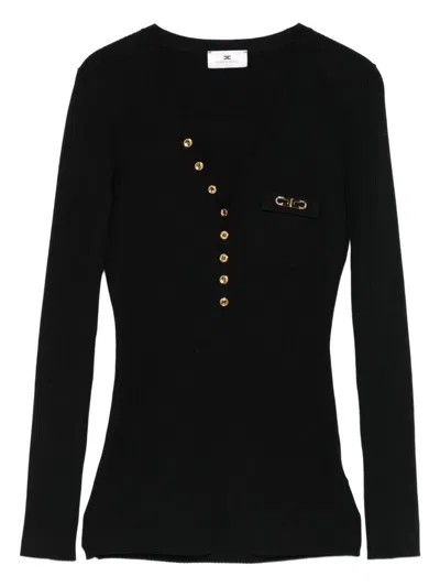 Elisabetta Franchi Ribbed Knit Top With Breast Pocket Clothing In Black