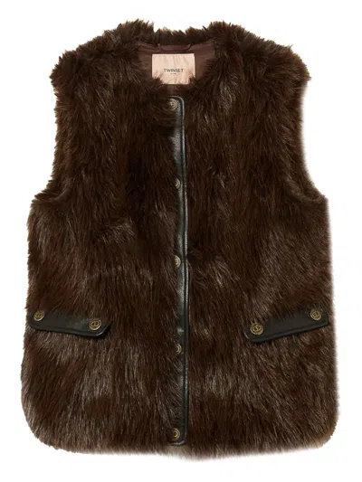 Twinset Faux-fur Buttoned Gilet In Brown