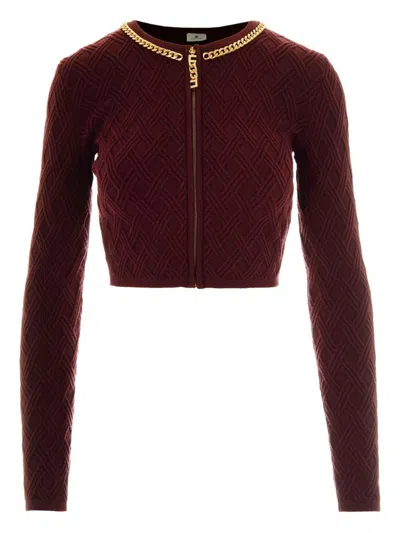 Elisabetta Franchi Cardigan In Maglia A Rombi Con Dettaglio Gioiello Bordeaux In Red