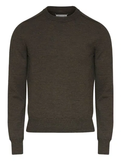 Maison Margiela Brown Crew Neck Sweater With Elbow Patches And Fitted Waist In Brown