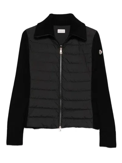 Moncler Two-material Cardigan With Goose Down Padding And High Neck In Black