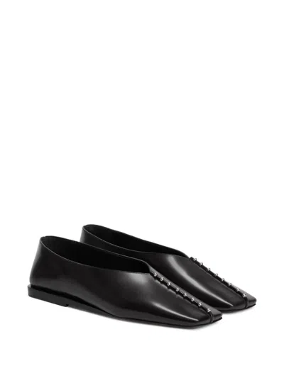 Jil Sander Pointed Toe Leather Ballerina Flats With Studs In Black