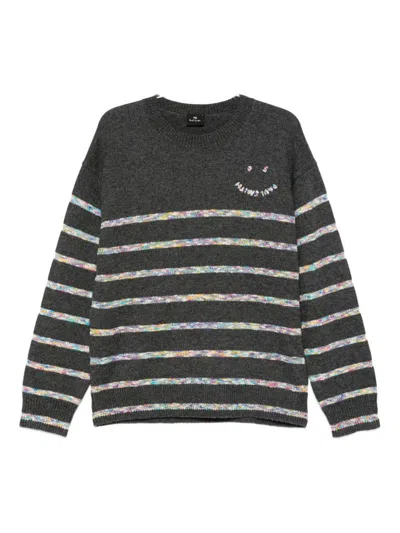 Paul Smith Horizontal Stripe Knit Sweater With Embroidered Detail In Gray