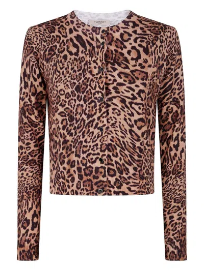 Twinset Twin-set Cropped Leopard Print Jacket With Button-down Front In Burgundy
