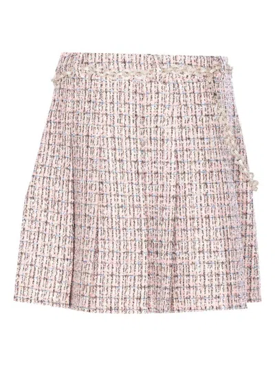 Self-portrait Textured Flared Skirt With Decorative Waist Trim In Pink