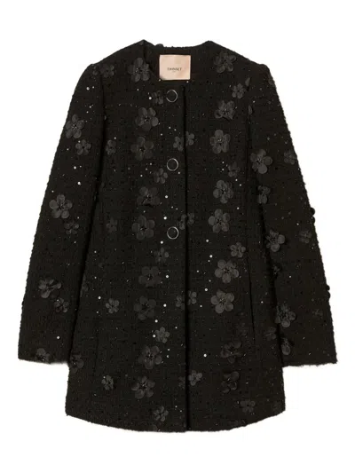 Twinset Flower-sequin Embellished Coat In Black
