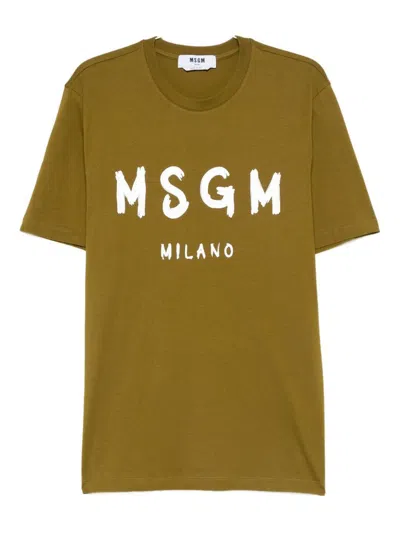 Msgm Cotton T-shirt With Front Printed Logo In Green