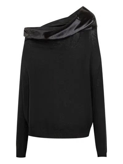 Alberta Ferretti Off-shoulder Wool Knitwear With Satin-like Collar In Black
