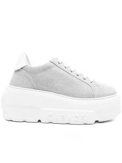 Casadei Low Top Platform Sole Sneakers In Textured Fabric In Silver