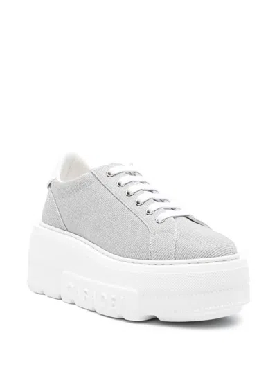 Casadei Low Top Platform Sole Sneakers In Textured Fabric In Silver