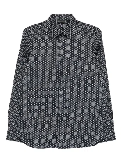 Emporio Armani Geometric Print Cotton Shirt With Button-down Collar In Gray