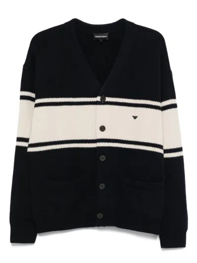Emporio Armani Wool V-necked Cardigan In Blue