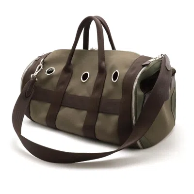 Pre-owned Hermes Dark Brown Khaki Canvas Leather Boston Bag Shoulder Bag ()