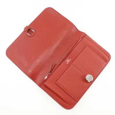 Pre-owned Hermes Dogon Red Color Taurillon Clemence Leather Long Wallet (bi-fold) ()