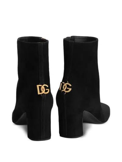 Dolce & Gabbana Black Ankle Boots With Dg Logo Plaque On The Back In Suede Woman In Black